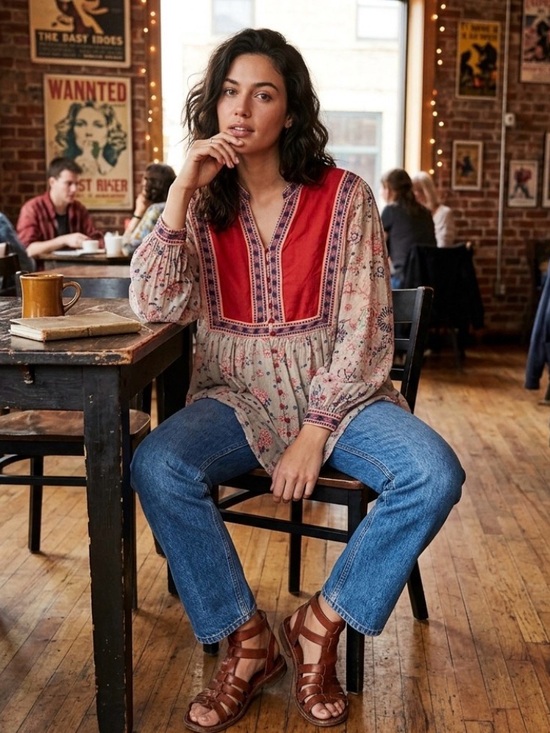 Woman Within Tops - Woman Within orange-red embroidered yoke blouse